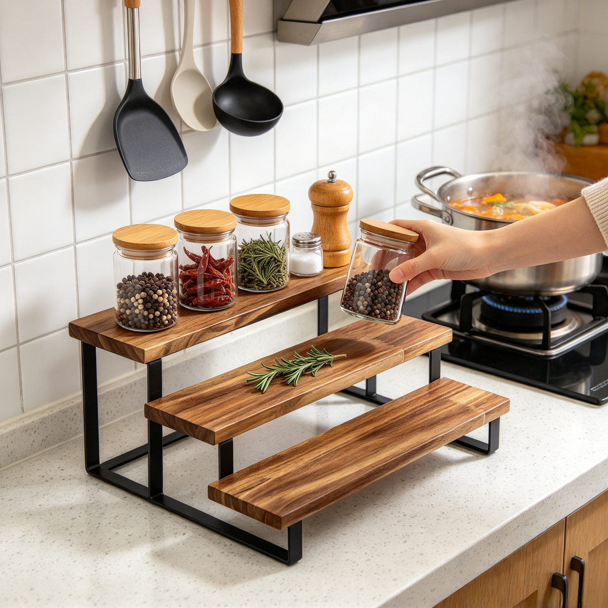 🪜 Display Stand | Wood Metal Desktop | Collectors Tiered Showcase