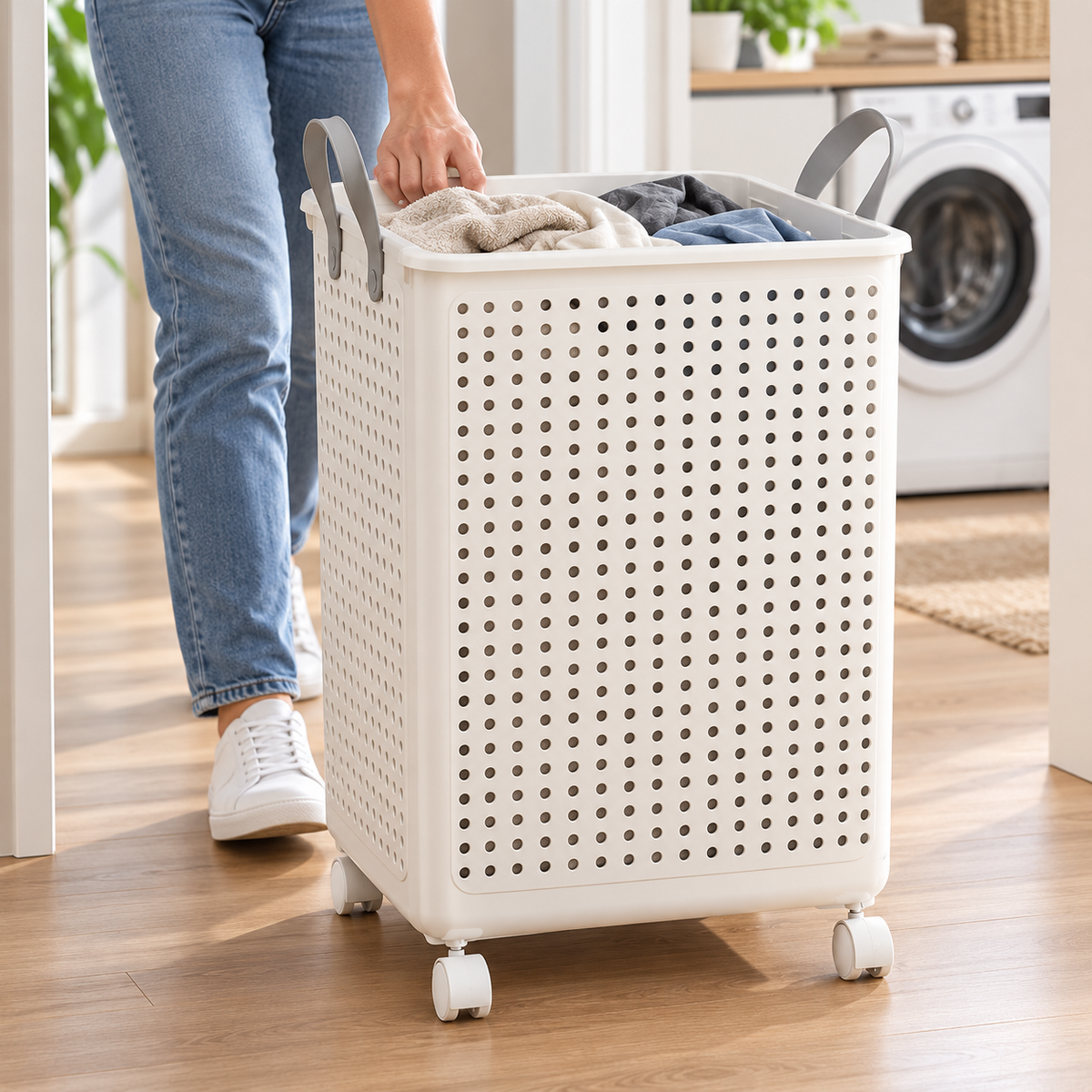 🧺 Laundry Hamper | Ventilated Plastic Bedroom | Families Rolling Foldable