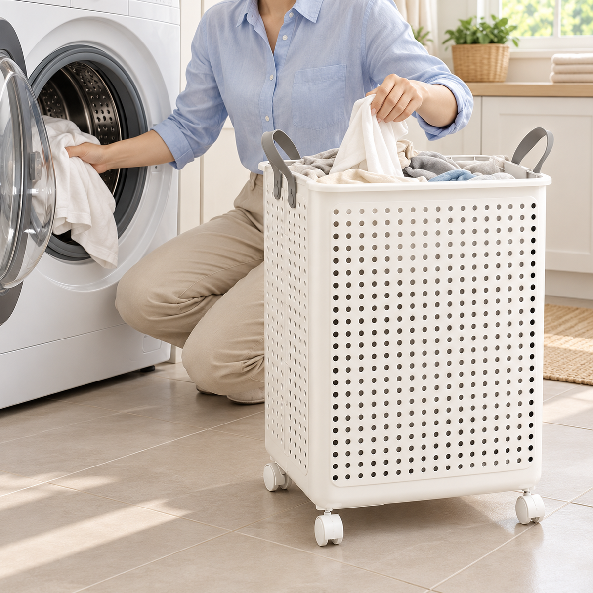🧺 Laundry Hamper | Ventilated Plastic Bedroom | Families Rolling Foldable