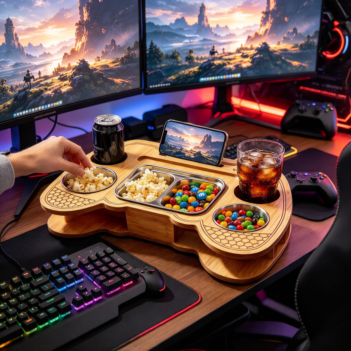 🎮 Snack Tray | Bamboo Steel Sofa | Gamers | Controller-Shaped Organizer