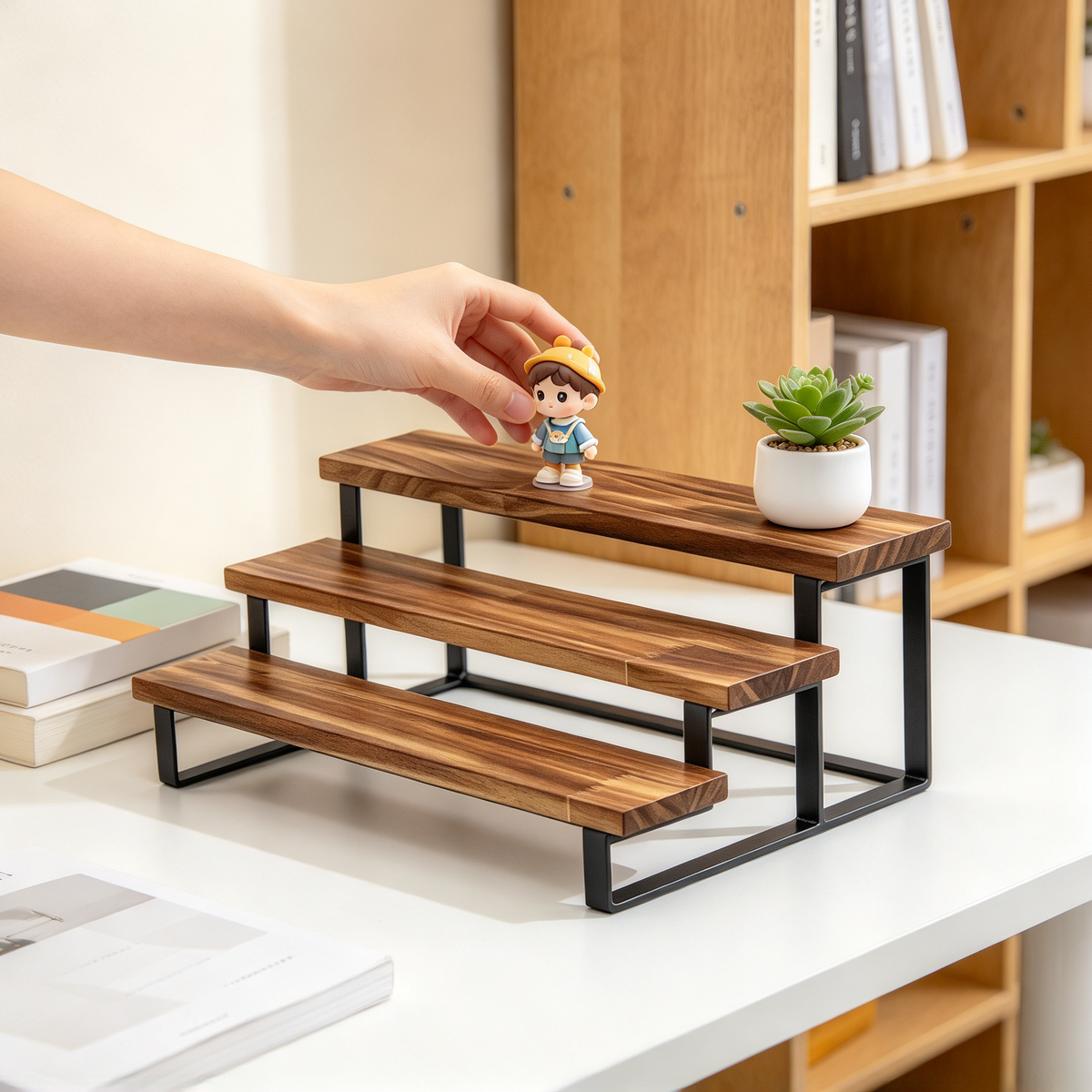 🪜 Display Stand | Wood Metal Desktop | Collectors Tiered Showcase